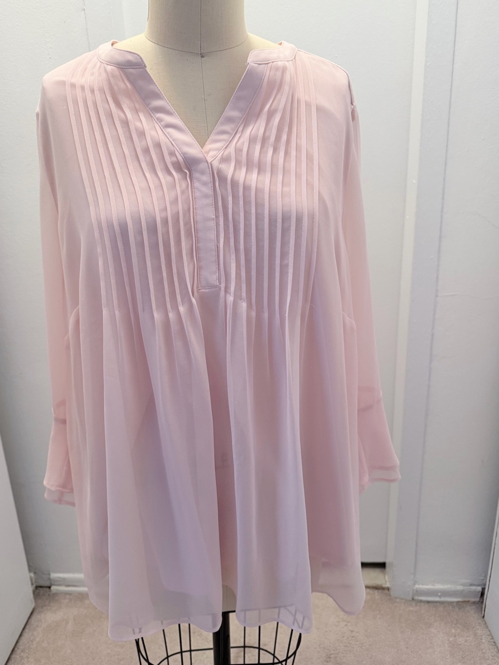 Charter Club Blush Pink Pintuck Pleated Bell Sleeve Chiffon Tunic Top 3X